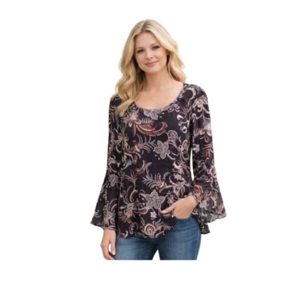 Thomas & Olivia Black Paisley Floral Bell Sleeve Top Metallic Trim Size 2x NWT - Picture 15 of 15